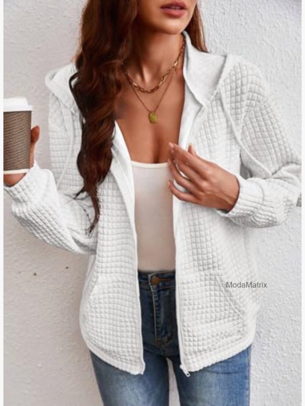 Zip Up Hoodie Oversized Waffle Sweatshirt Casual Jacket - Picture 5 of 7